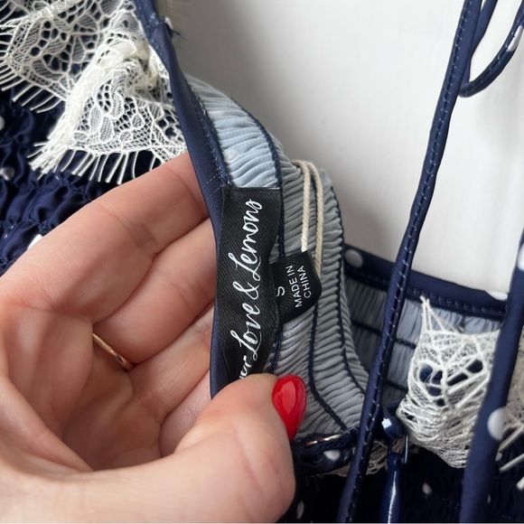 For Love & Lemons Ines Navy Blue & White Polka Dot Lace Trim Mini Dress S NWT - Picture 7 of 8